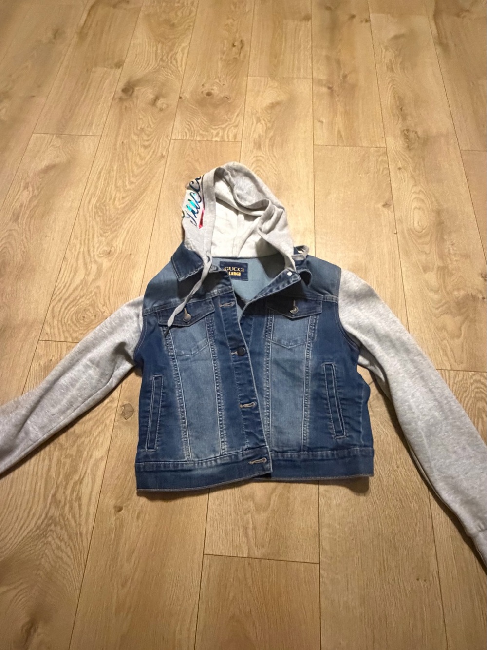 Gucci Denim Jacket with Light Gray Hoodie Sleeves